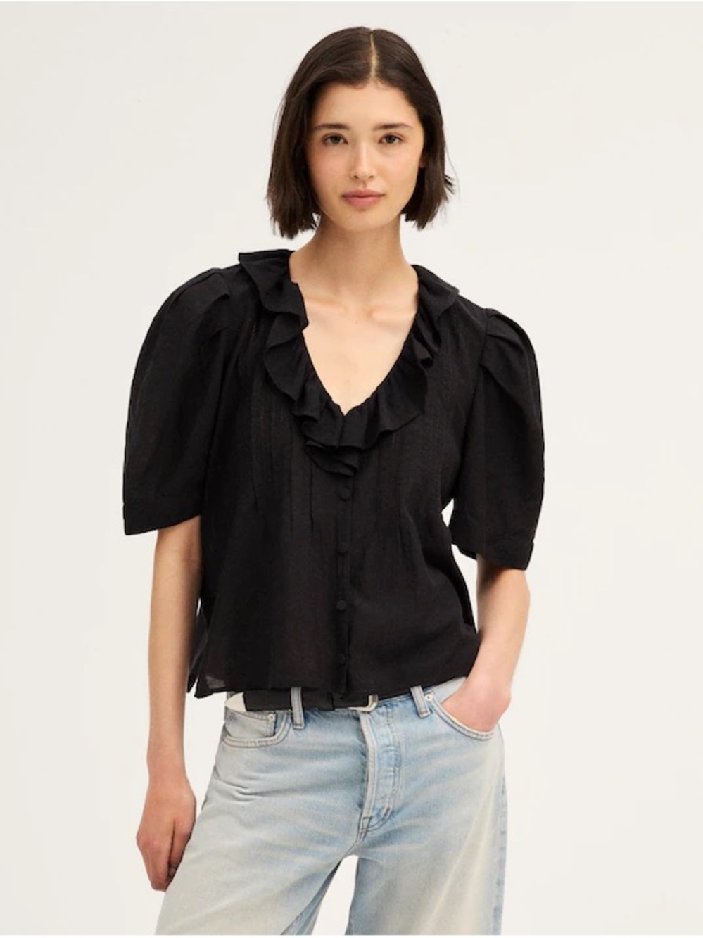 Madewell Ruffled Pintuck Top (XS) black New with tags!